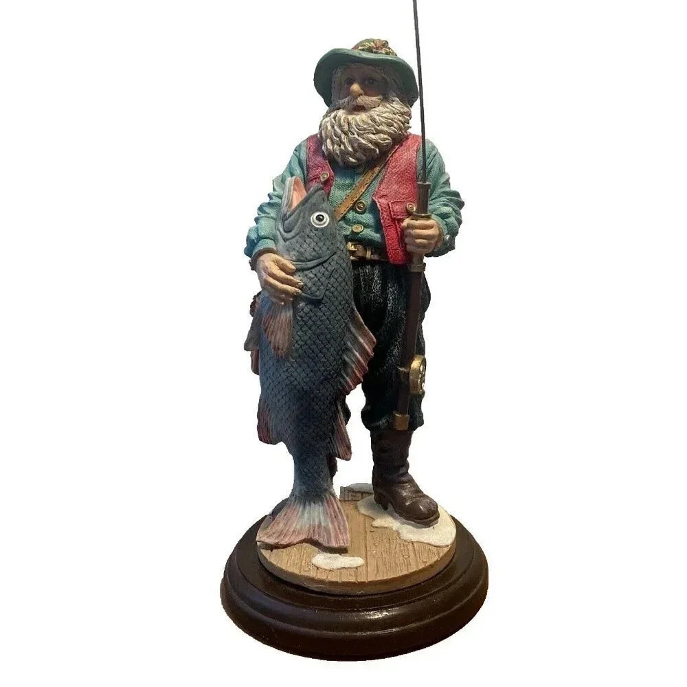 Vintage 1990's Fly Fishing Santa Jaimy 10in Resin Figurine with Big Catch